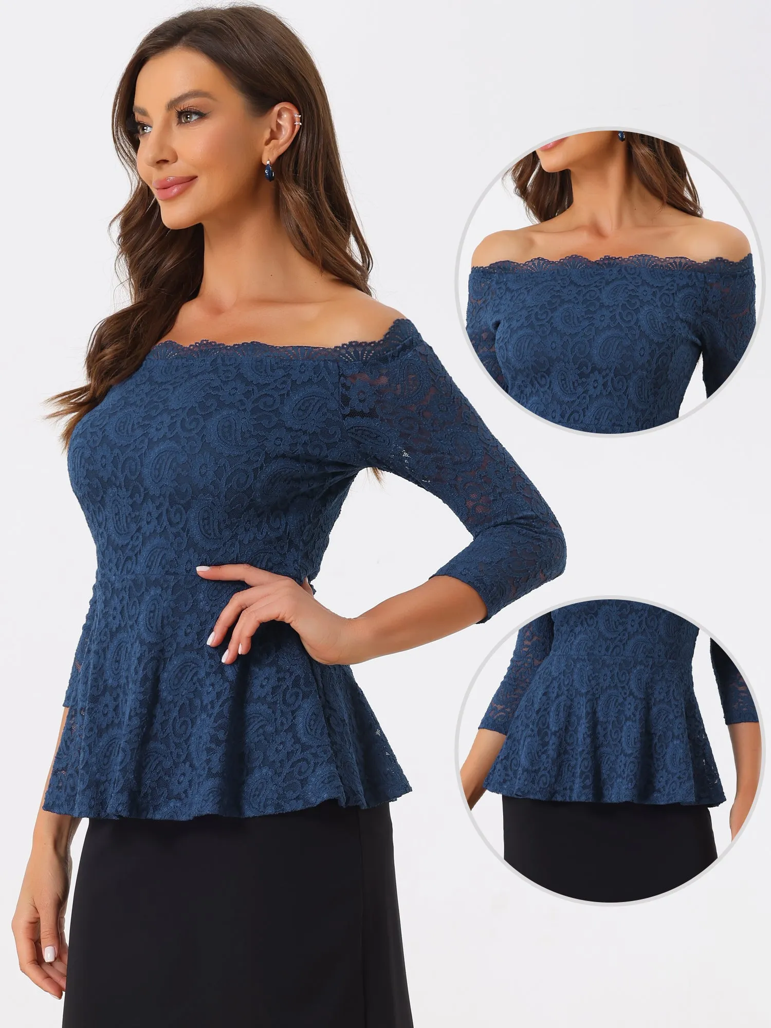 Elegant Lace Blouse Semi Sheer 3/4 Sleeve Off Shoulder Peplum Top sold by Allegra K product image thumbnail 3