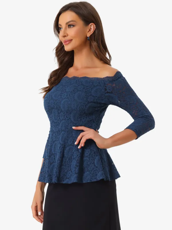 Elegant Lace Blouse Semi Sheer 3/4 Sleeve Off Shoulder Peplum Top sold by Allegra K
