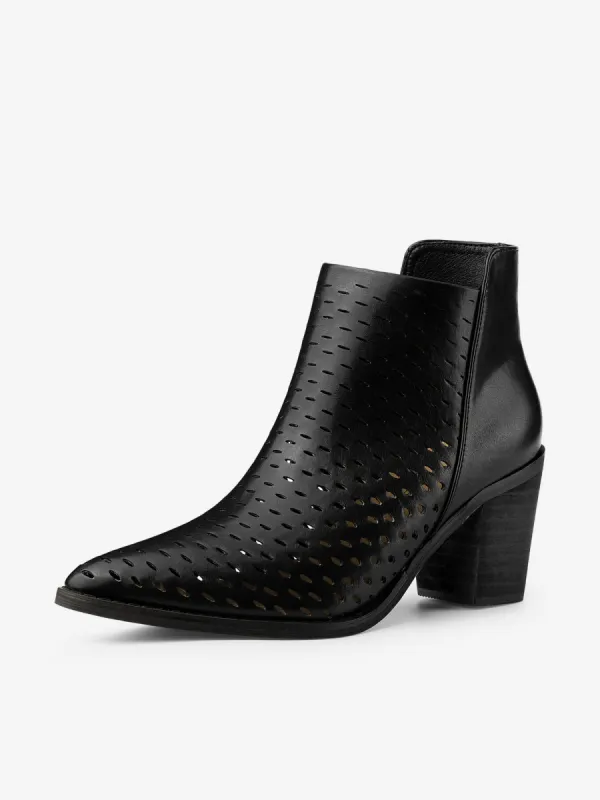 Perforated Chunky Heel Zipper Western Ankle Booties sold by Allegra K