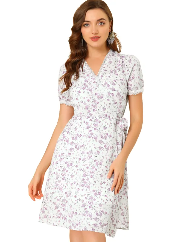 V Neck Wrap Short Sleeve Knee Length Floral Print Dress sold by Allegra K