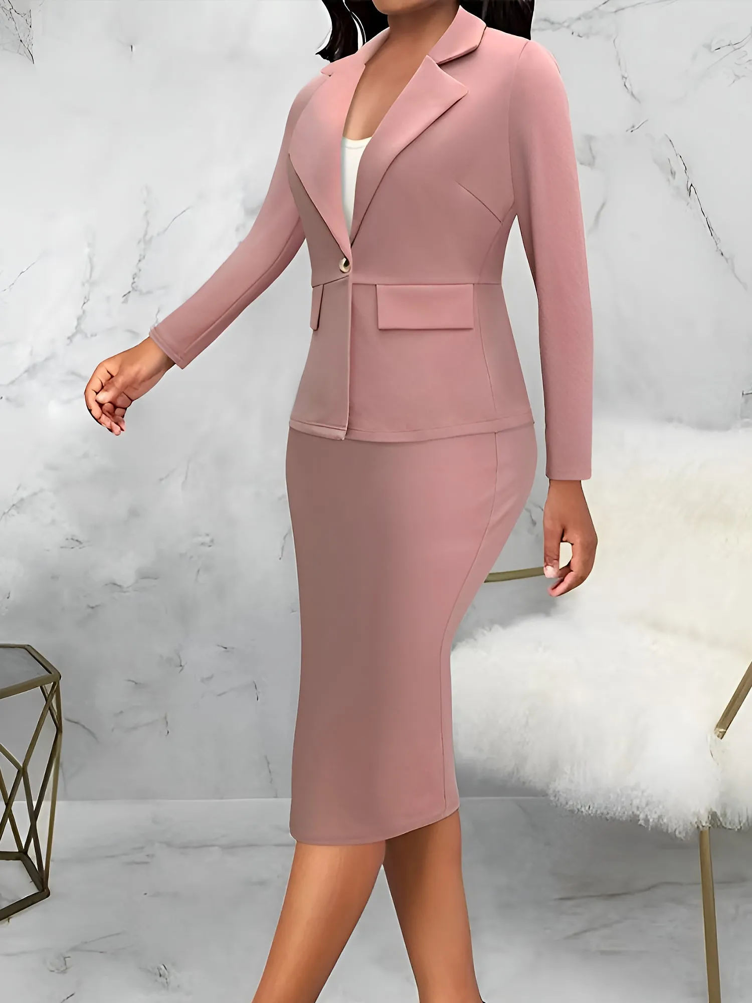 2 Pieces Notched Lapel One Button Blazer & Midi Pencil Skirt Set sold by Allegra K product image thumbnail 2