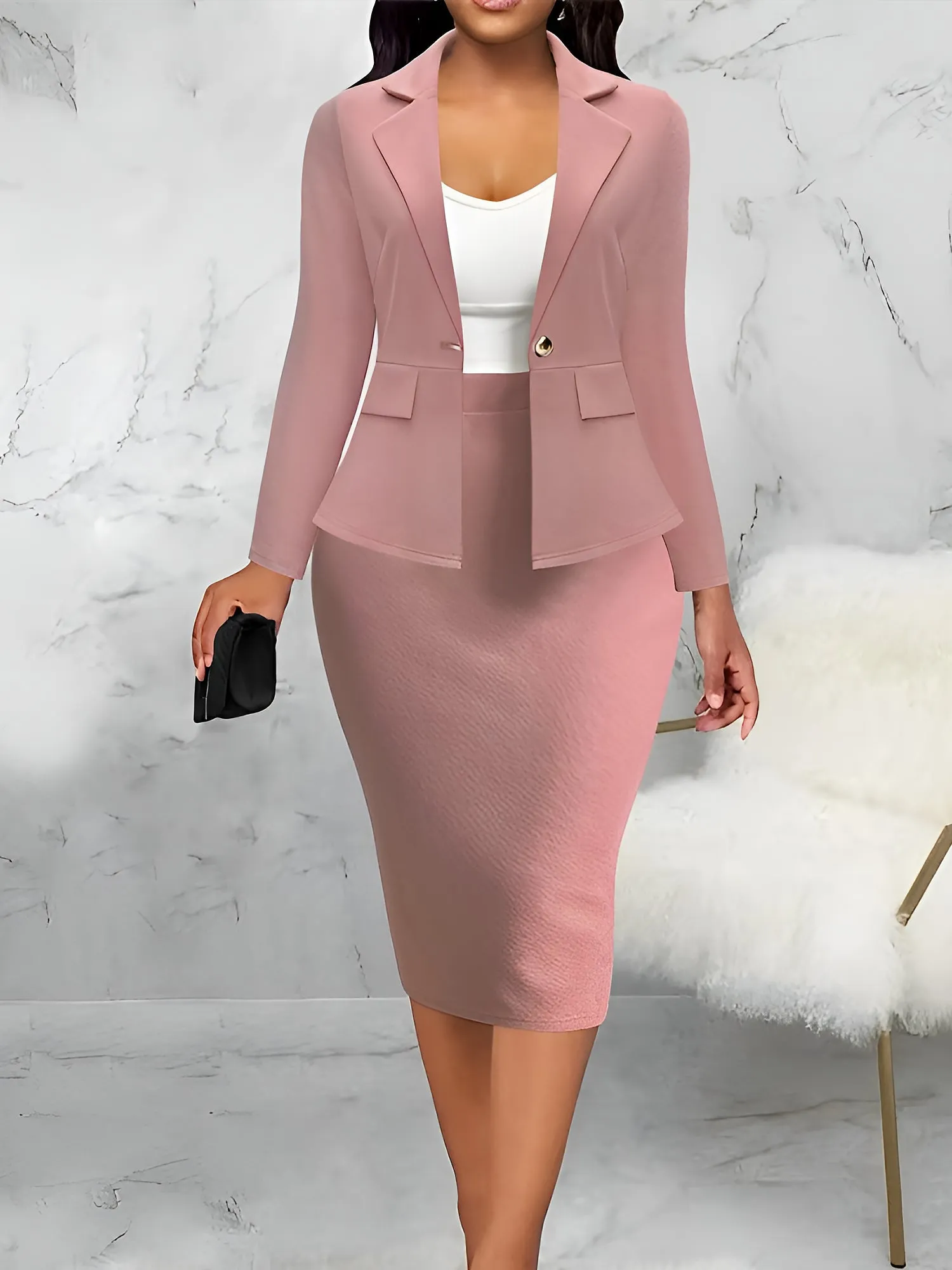 2 Pieces Notched Lapel One Button Blazer & Midi Pencil Skirt Set sold by Allegra K