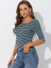 Casual Striped 3/4 Sleeve Basic Boat Neck T-shirt sold by Allegra K