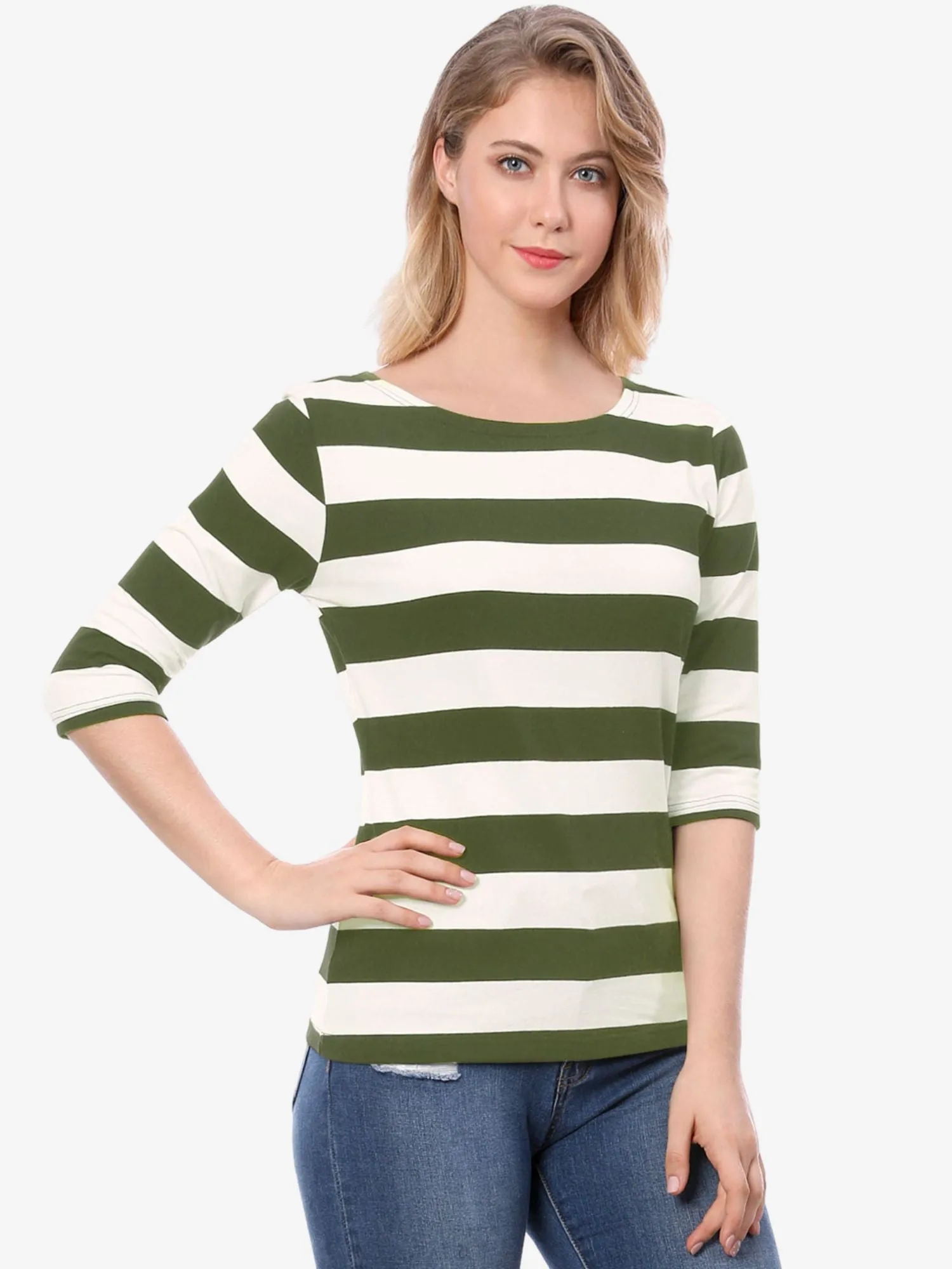 Casual Striped 3/4 Sleeve Basic Boat Neck T-shirt sold by Allegra K product image thumbnail 5