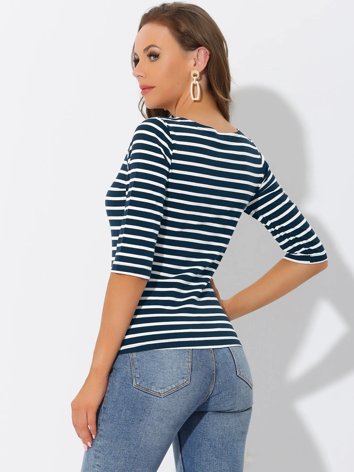 Casual Striped 3/4 Sleeve Basic Boat Neck T-shirt sold by Allegra K product image thumbnail 3
