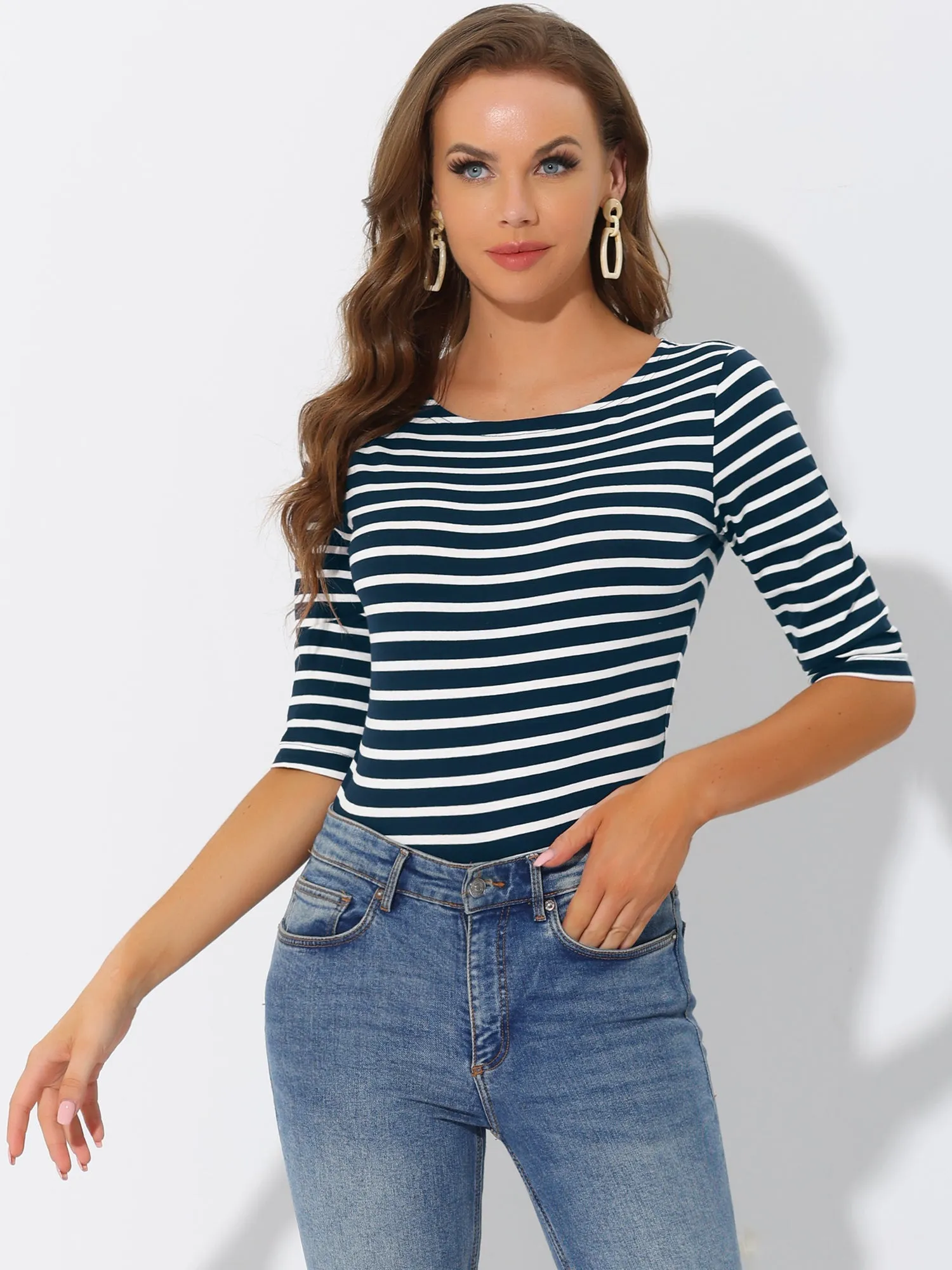 Casual Striped 3/4 Sleeve Basic Boat Neck T-shirt sold by Allegra K