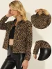 Turn-Down Collar Leopard Snap Button Faux Suede Jacket sold by Allegra K