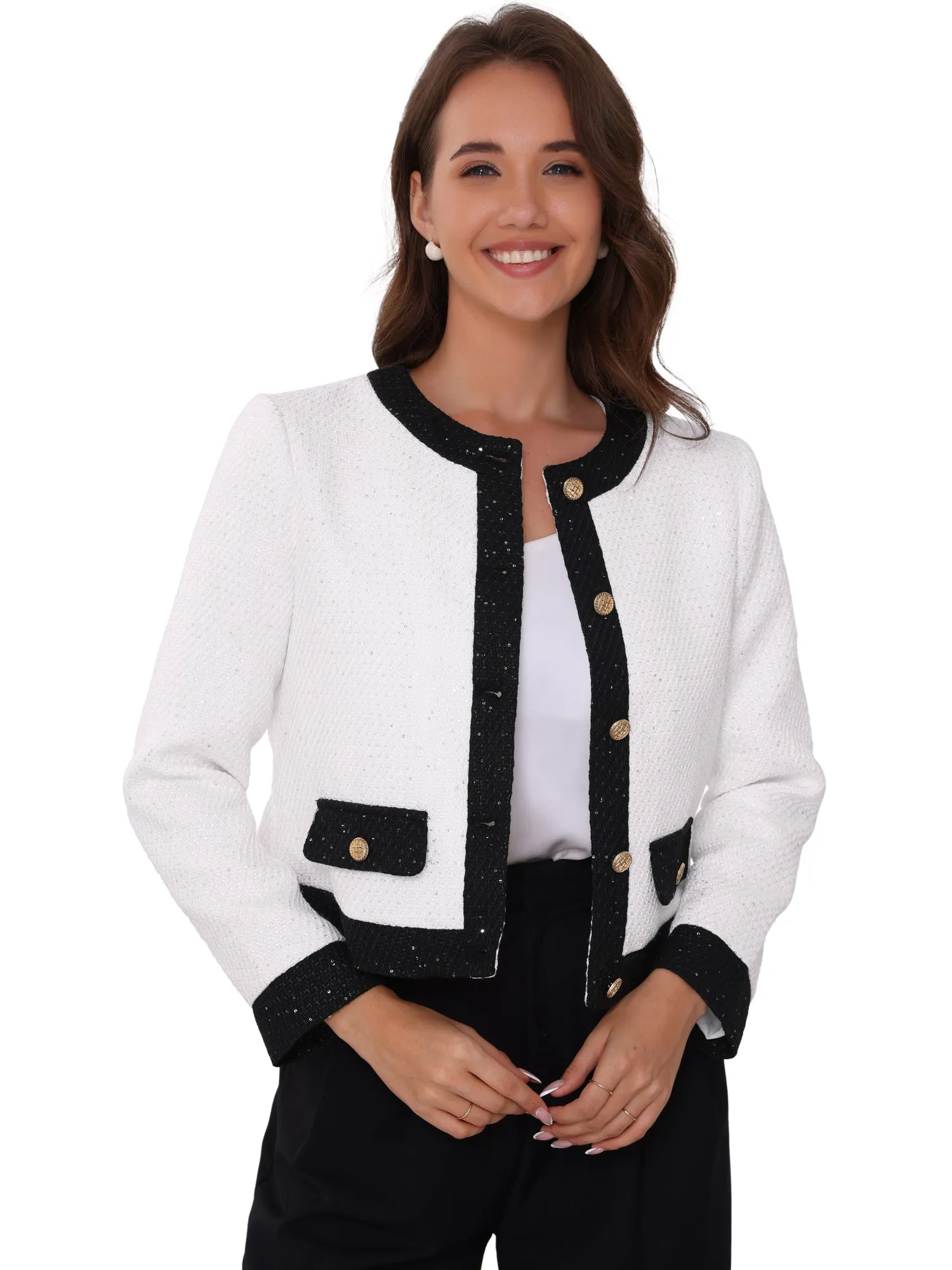 Tweed Collarless Sequins Work Office Cropped Jackets sold by Allegra K product image thumbnail 5