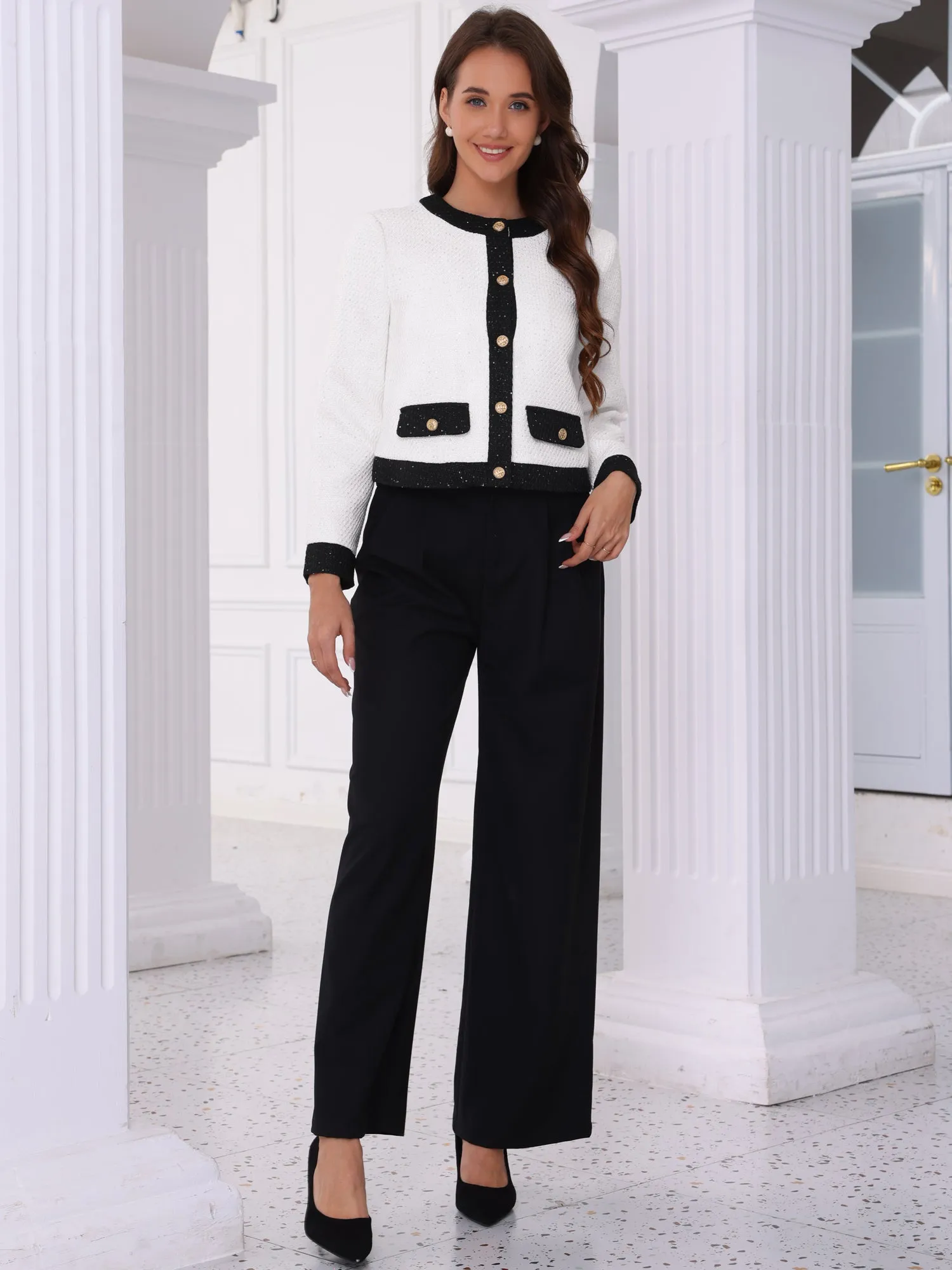 Tweed Collarless Sequins Work Office Cropped Jackets sold by Allegra K product image thumbnail 3