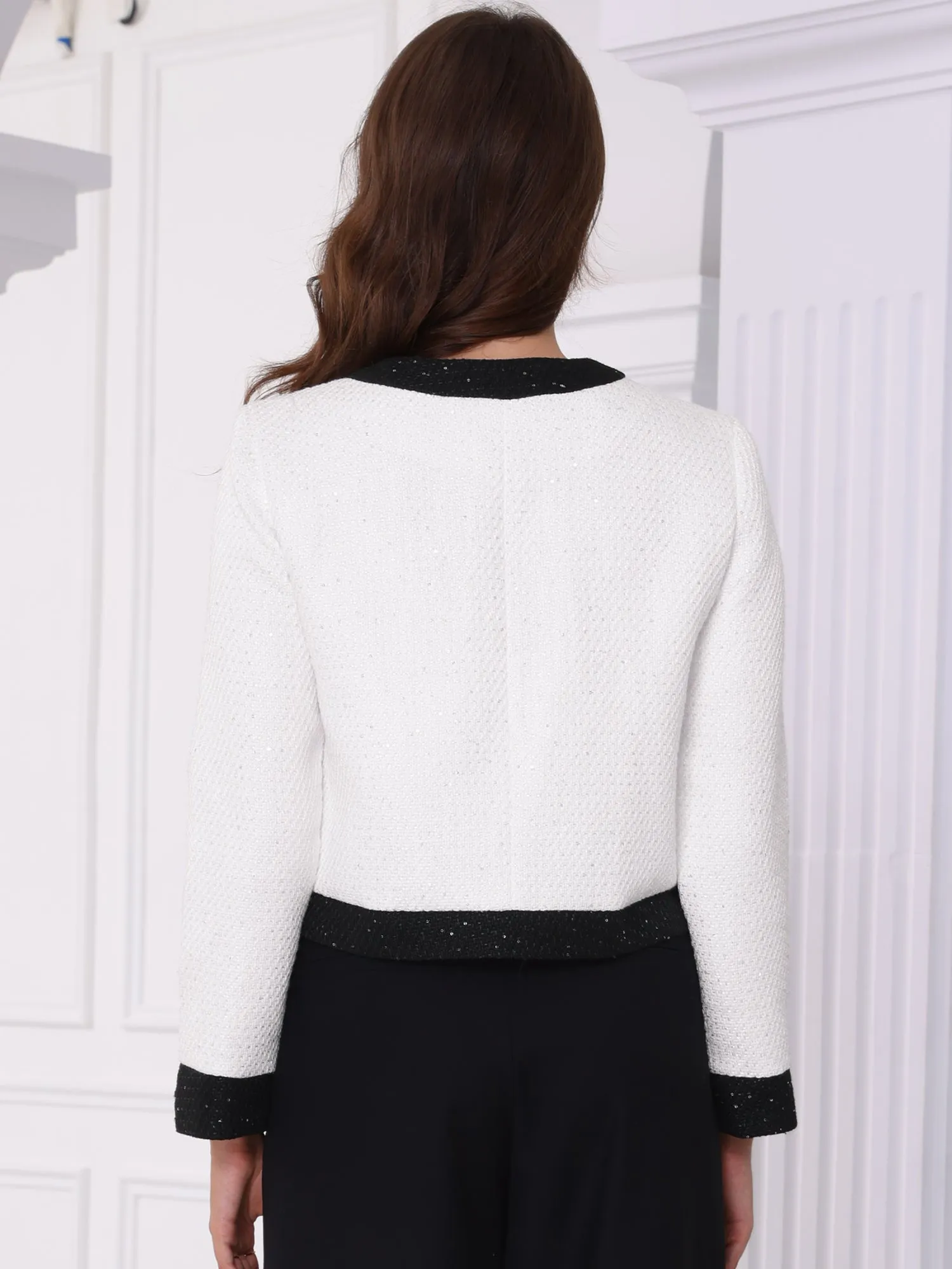 Tweed Collarless Sequins Work Office Cropped Jackets sold by Allegra K product image thumbnail 2