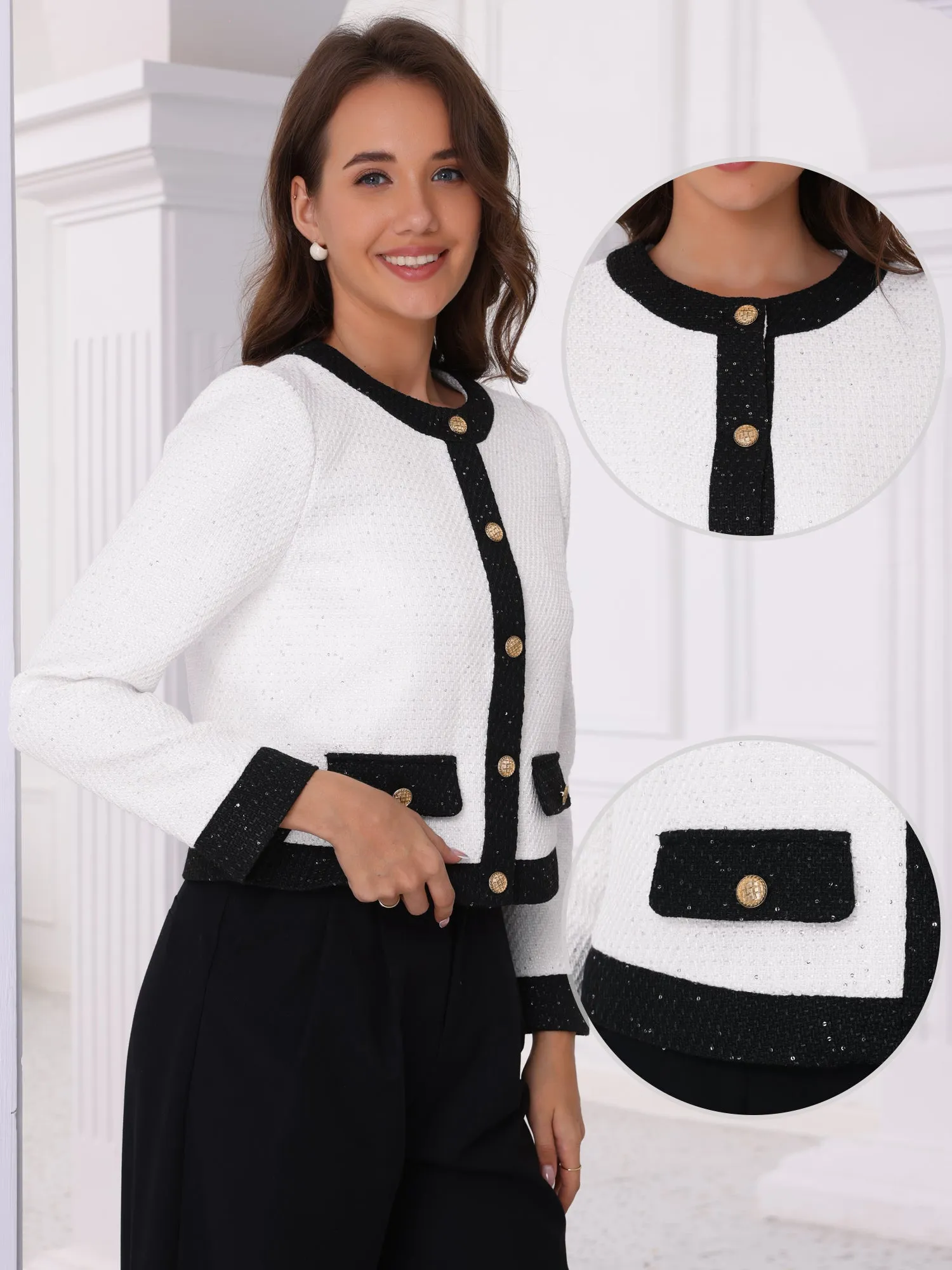 Tweed Collarless Sequins Work Office Cropped Jackets sold by Allegra K