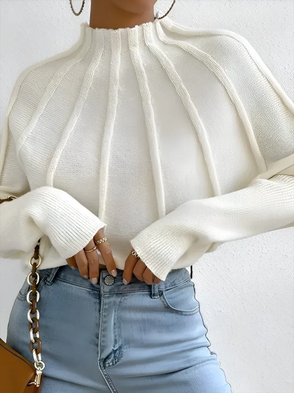 Mock Neck Ribbed Knit Pullover Bat Sleeves Sweater sold by Allegra K