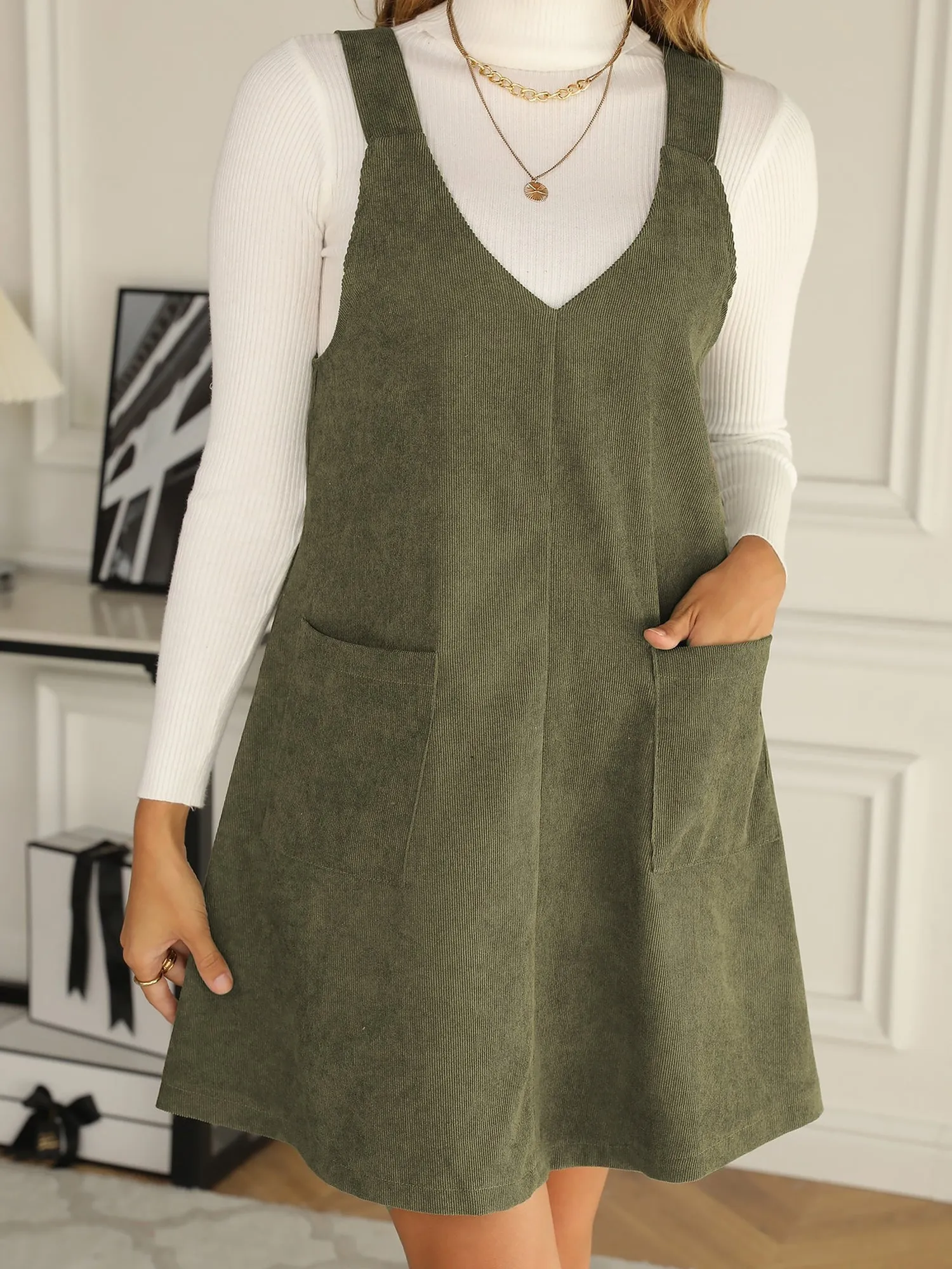 Solid Color Corduroy Pocketed Overalls Pinafore Dress sold by Allegra K product image thumbnail 4