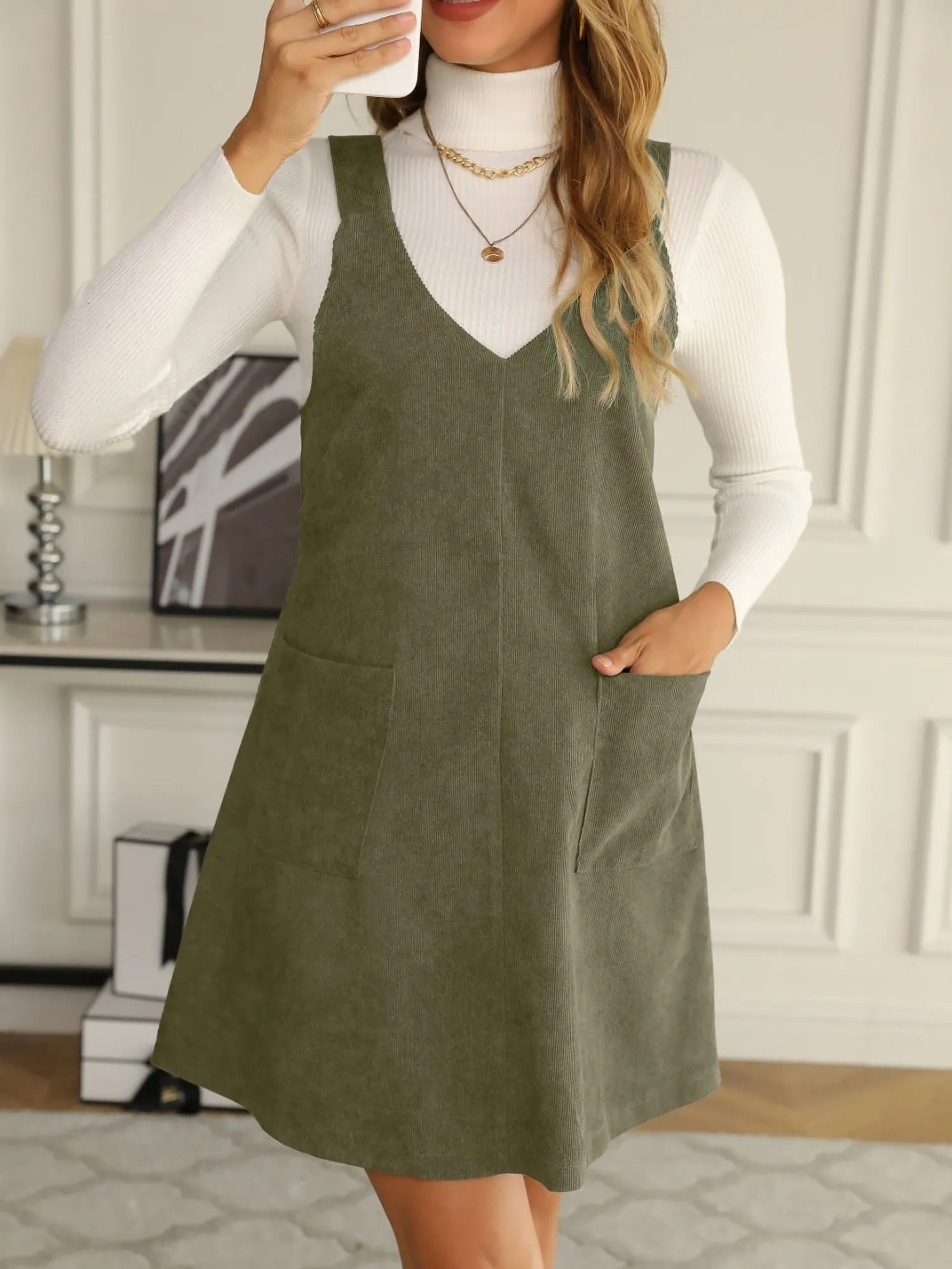 Solid Color Corduroy Pocketed Overalls Pinafore Dress sold by Allegra K