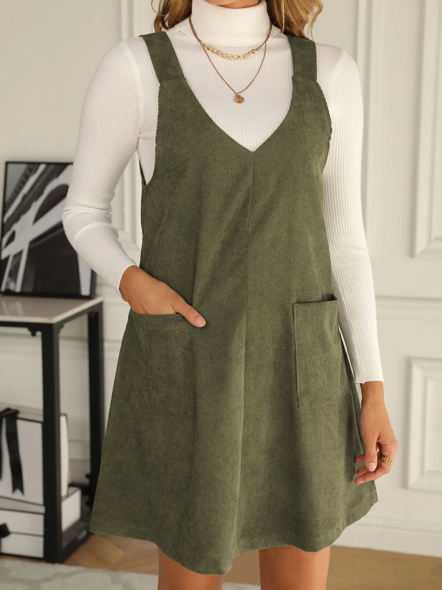 Solid Color Corduroy Pocketed Overalls Pinafore Dress sold by Allegra K product image thumbnail 2