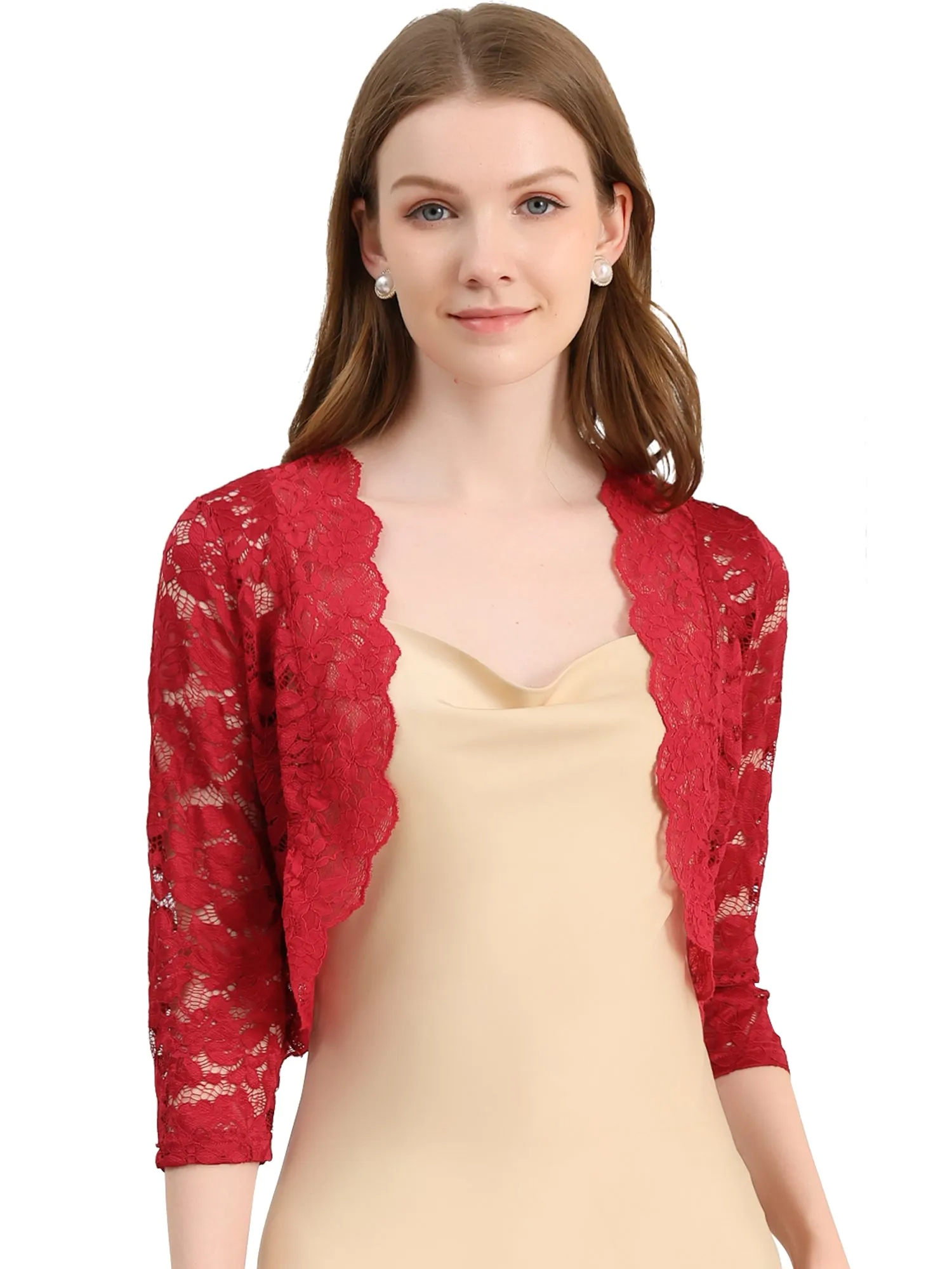 Lace 3/4 Sleeves Sheer Floral Cropped Bolero Shrug sold by Allegra K product image thumbnail 5