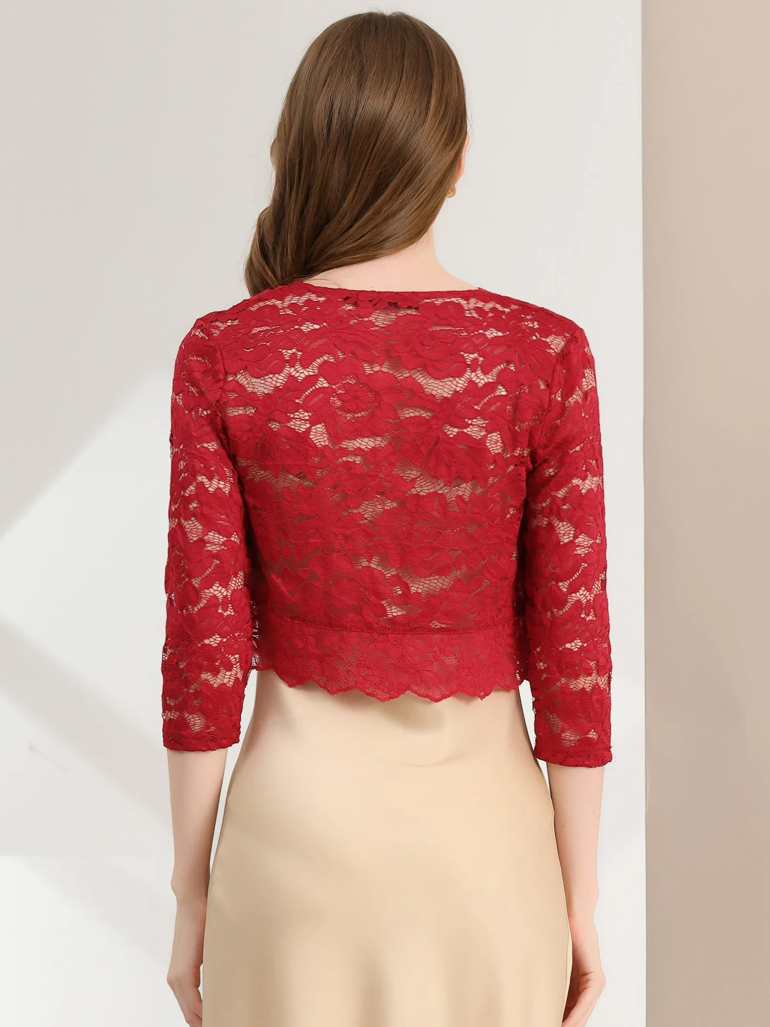 Lace 3/4 Sleeves Sheer Floral Cropped Bolero Shrug sold by Allegra K product image thumbnail 4