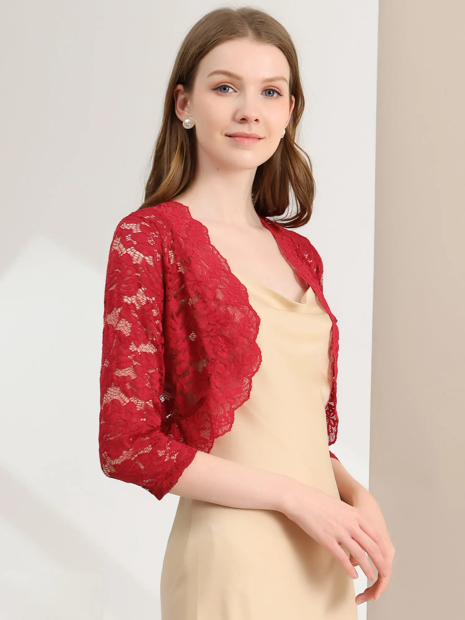 Lace 3/4 Sleeves Sheer Floral Cropped Bolero Shrug sold by Allegra K product image thumbnail 3