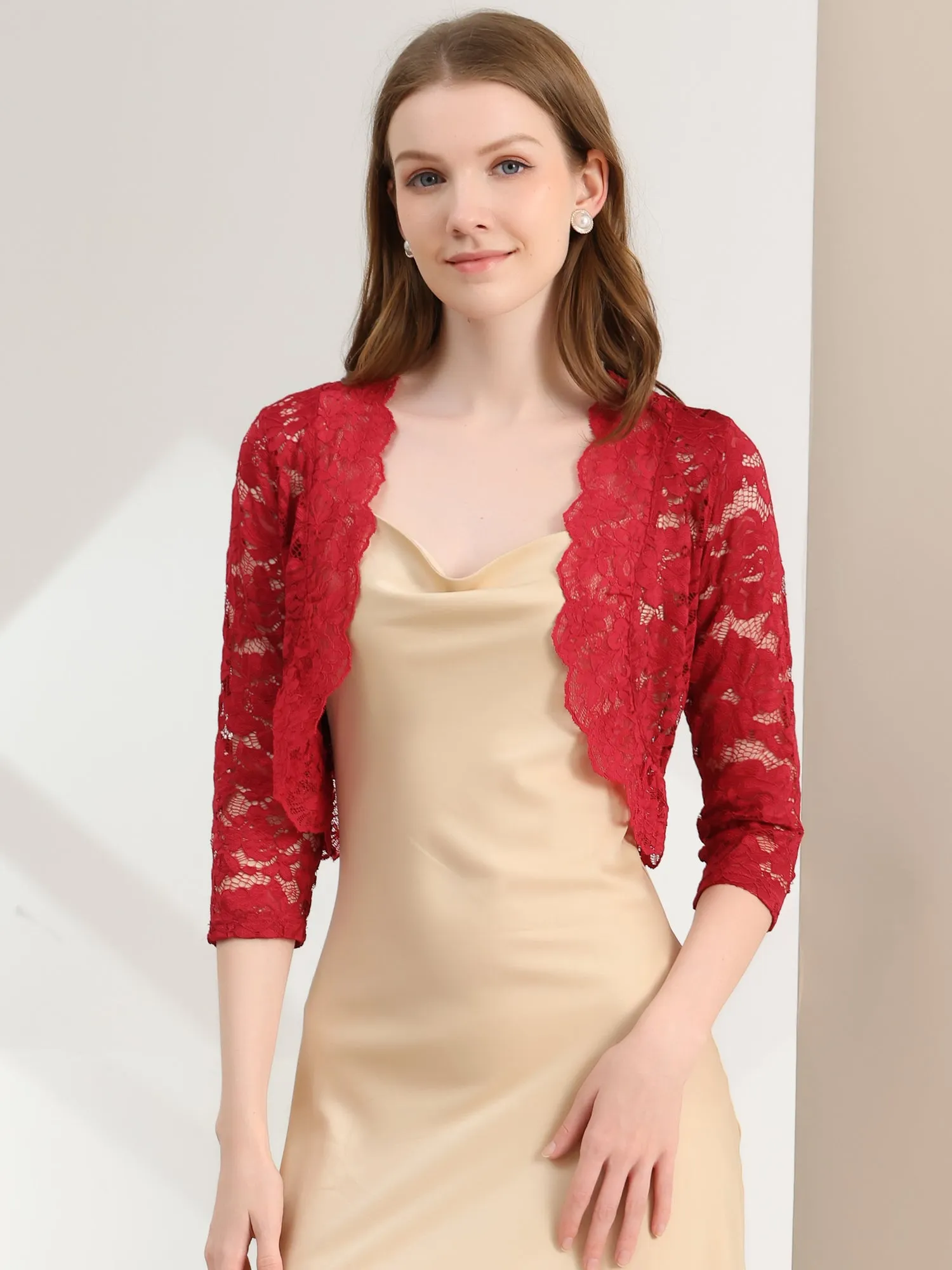 Lace 3/4 Sleeves Sheer Floral Cropped Bolero Shrug sold by Allegra K product image thumbnail 2