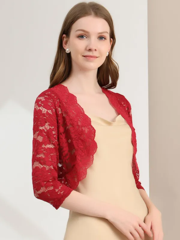 Lace 3/4 Sleeves Sheer Floral Cropped Bolero Shrug sold by Allegra K