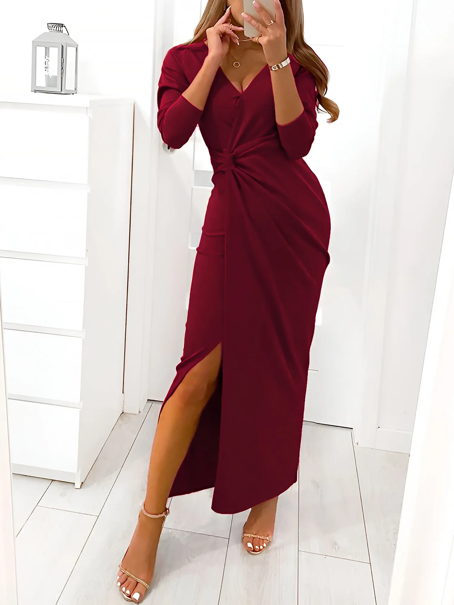 V Neck Long Sleeves Ruched Slit Bodycon Maxi Dress sold by Allegra K product image thumbnail 2