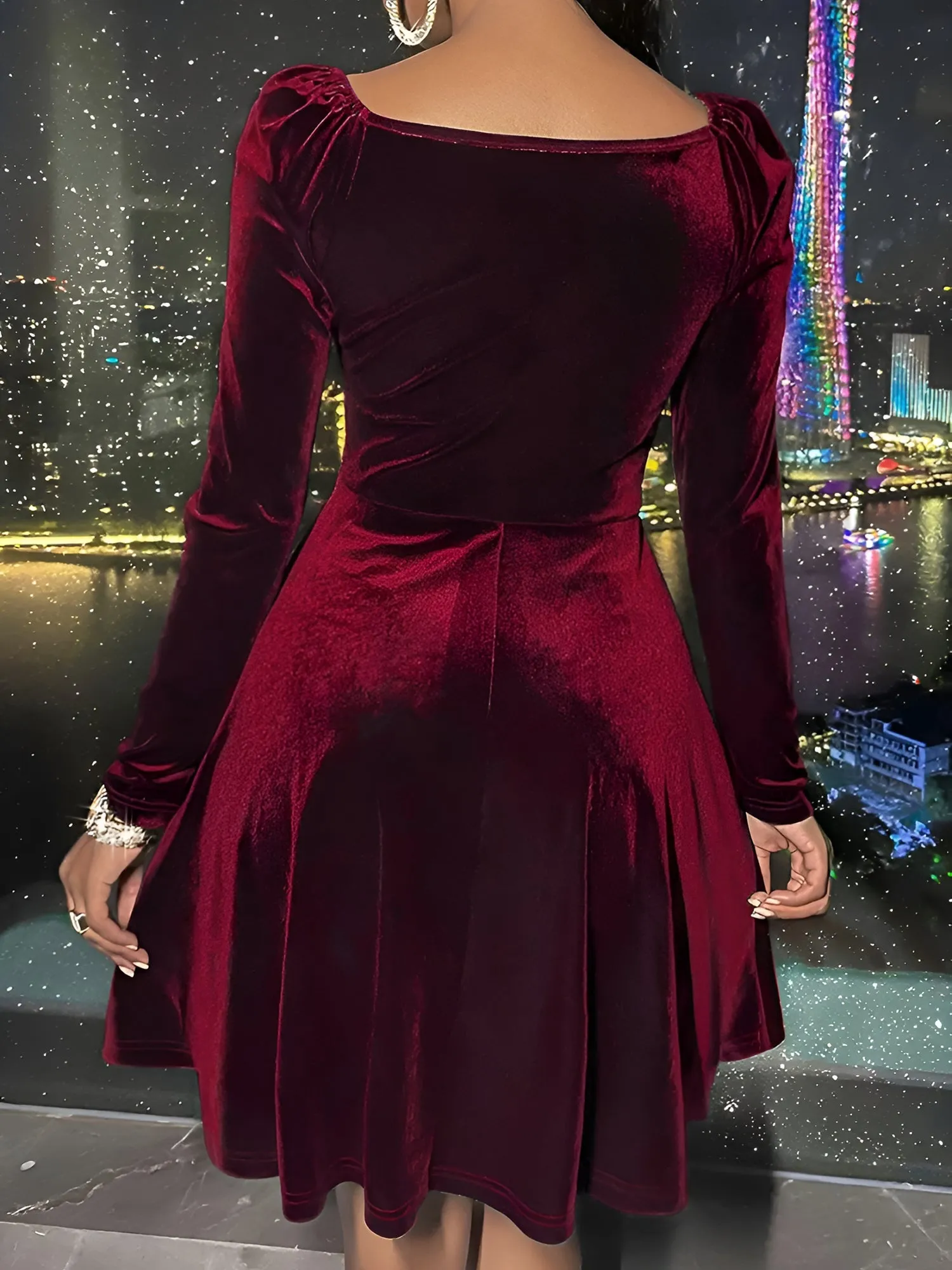 Solid Color Velvet Long Sleeves Mini A-Line Dress sold by Allegra K product image thumbnail 4