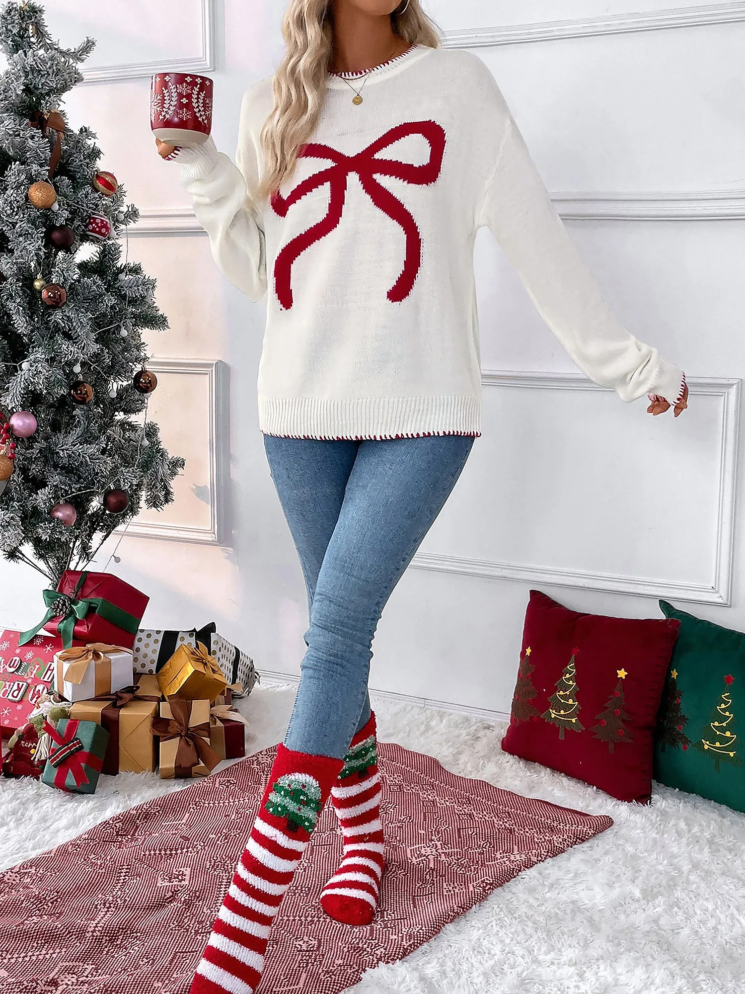 Loose Long Sleeve Round Neck Christmas Bow Sweater sold by Allegra K product image thumbnail 2