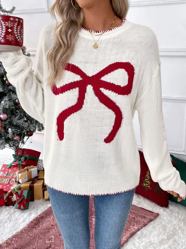 Loose Long Sleeve Round Neck Christmas Bow Sweater sold by Allegra K
