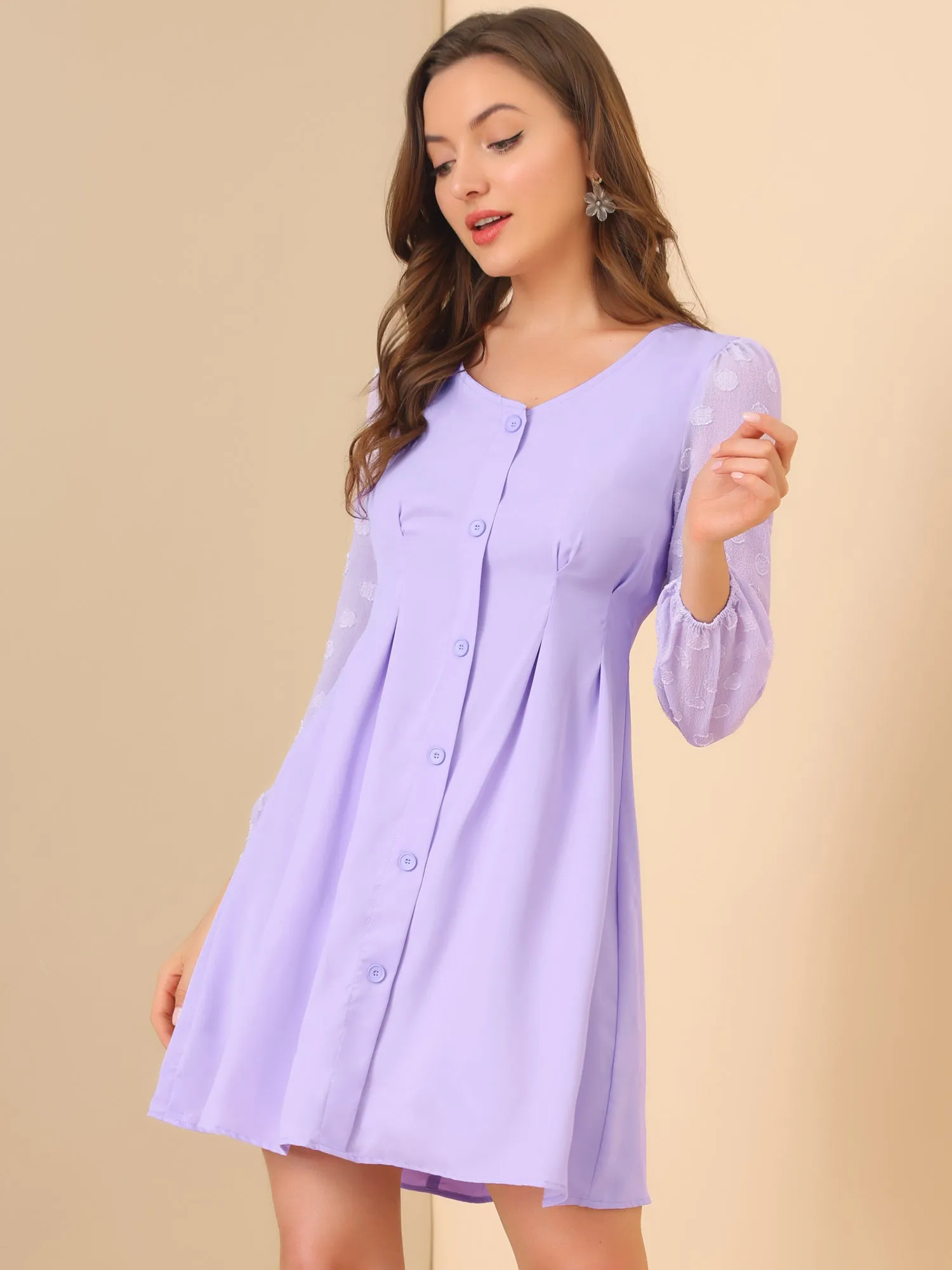 Casual V Neck Long Sleeve Swiss Dots Chiffon Mini Dress sold by Allegra K