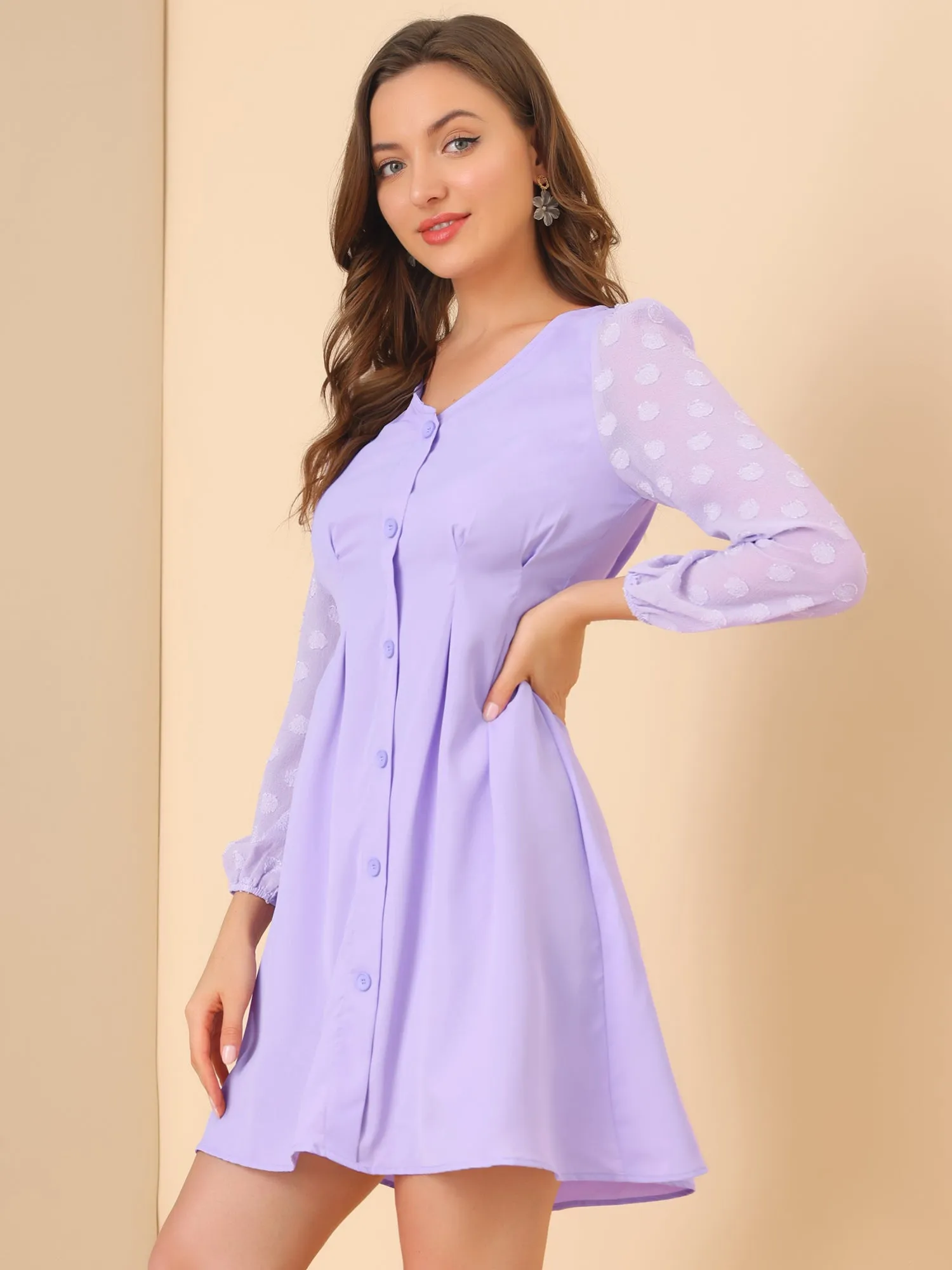 Casual V Neck Long Sleeve Swiss Dots Chiffon Mini Dress sold by Allegra K product image thumbnail 5