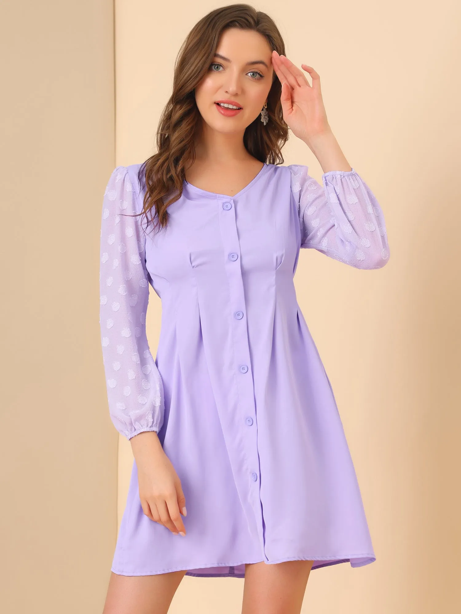 Casual V Neck Long Sleeve Swiss Dots Chiffon Mini Dress sold by Allegra K product image thumbnail 2