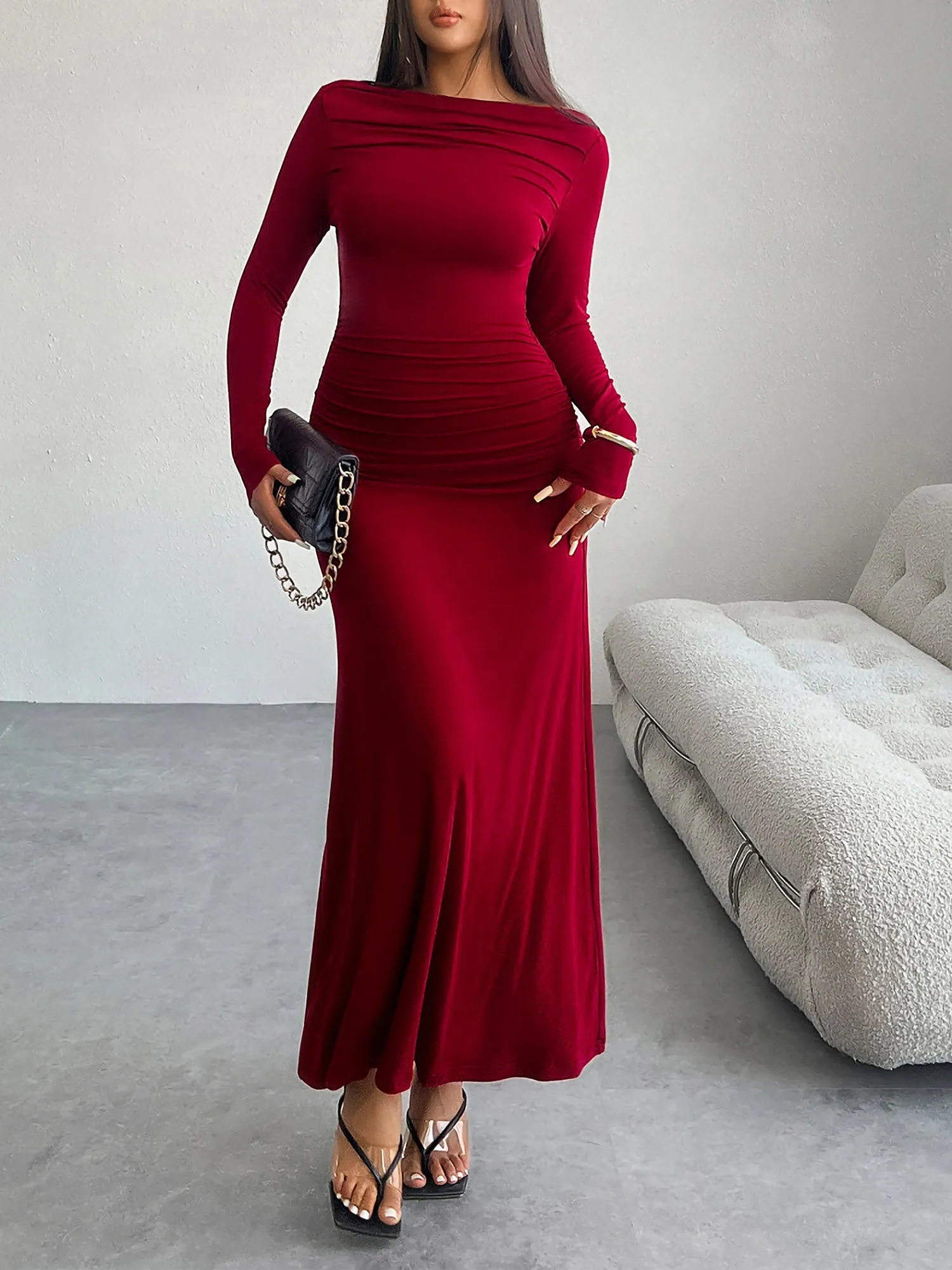 Solid Color Ruched Bodycon Fishtail Maxi Dress sold by Allegra K product image thumbnail 2