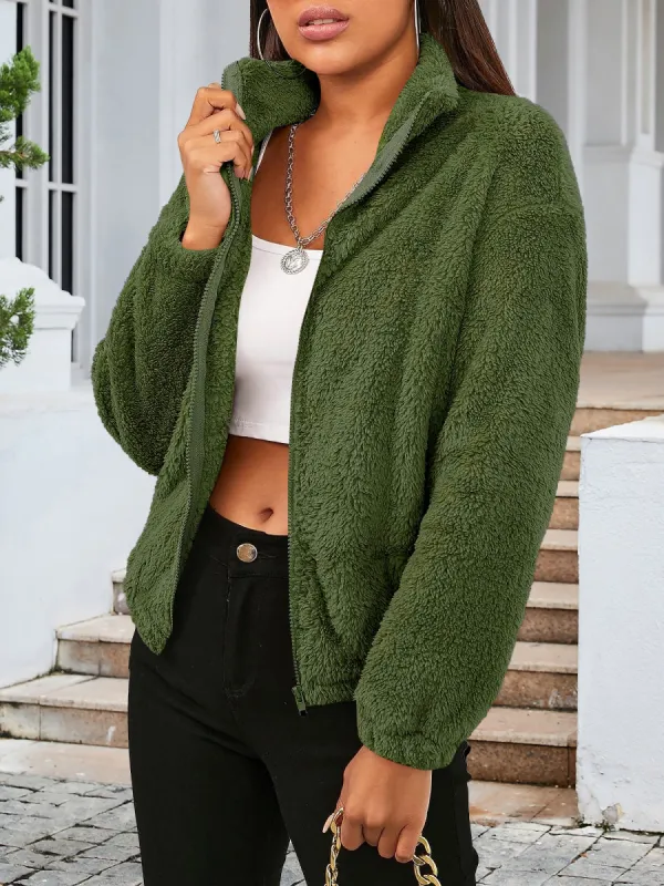 Polar Fleece Long Sleeves Mock Neck Zipper Jacket sold by Allegra K