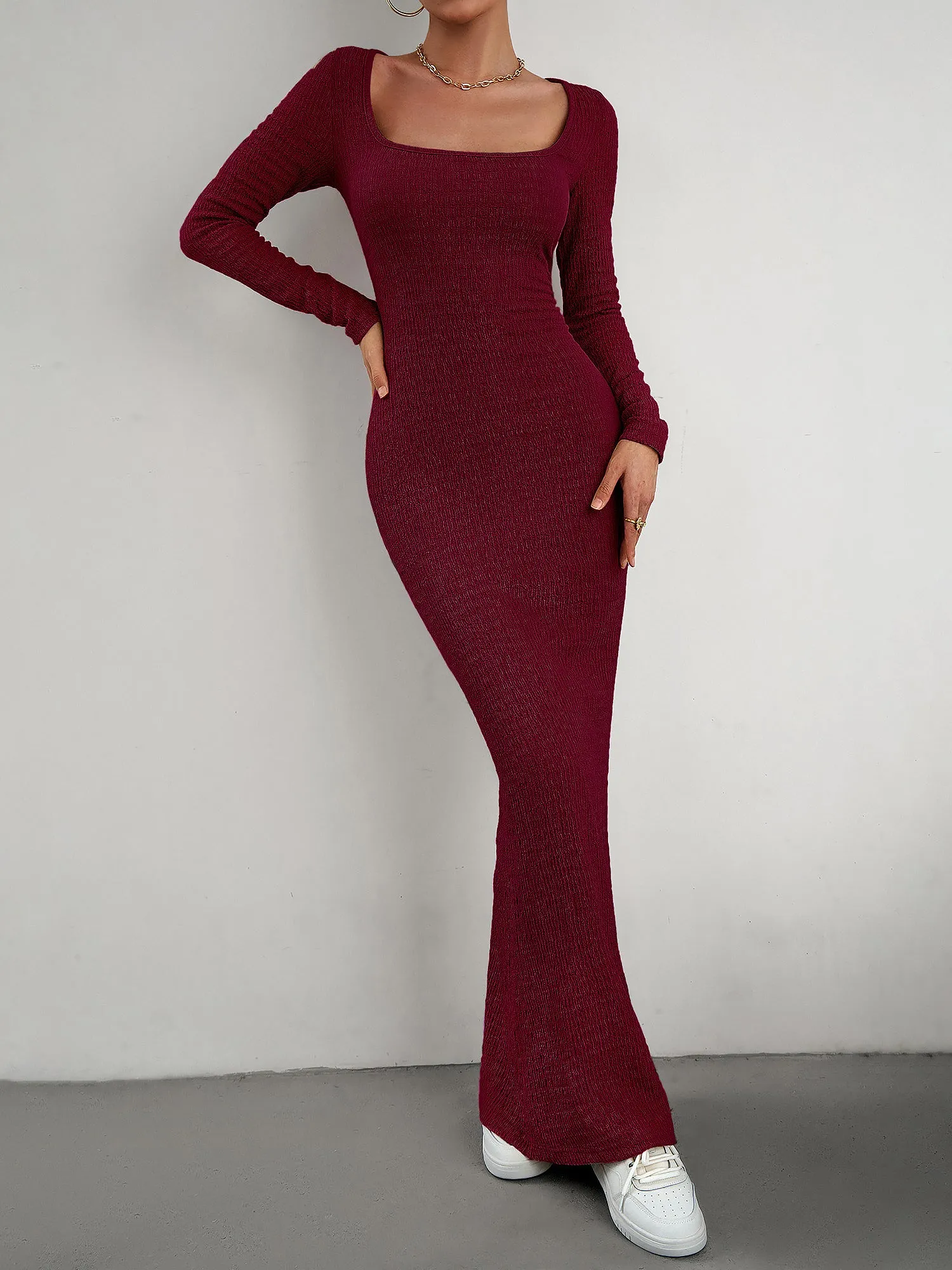 Solid Color Long Sleeve Knitted Maxi Bodycon Sweater Dress sold by Allegra K product image thumbnail 5