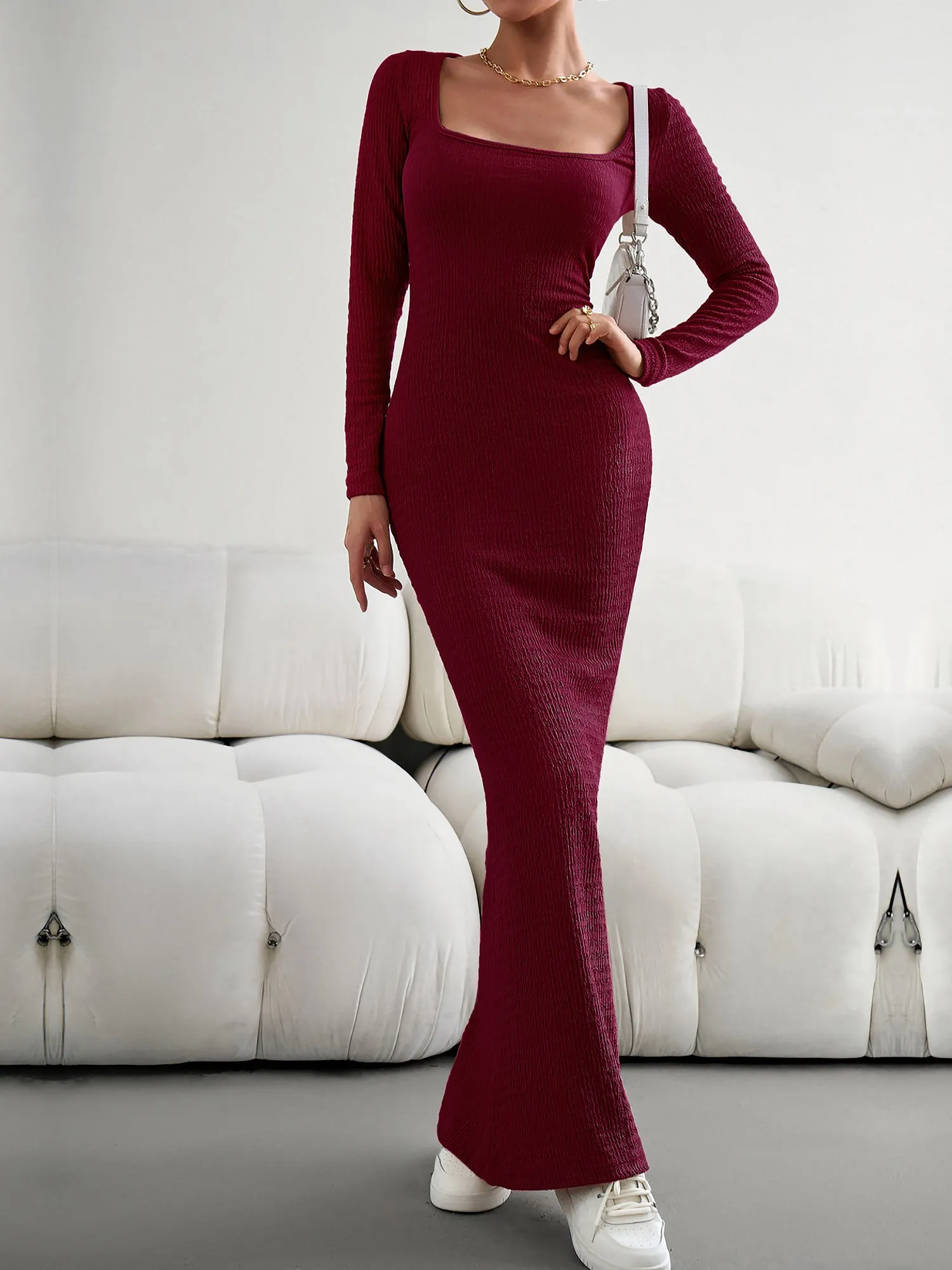 Solid Color Long Sleeve Knitted Maxi Bodycon Sweater Dress sold by Allegra K