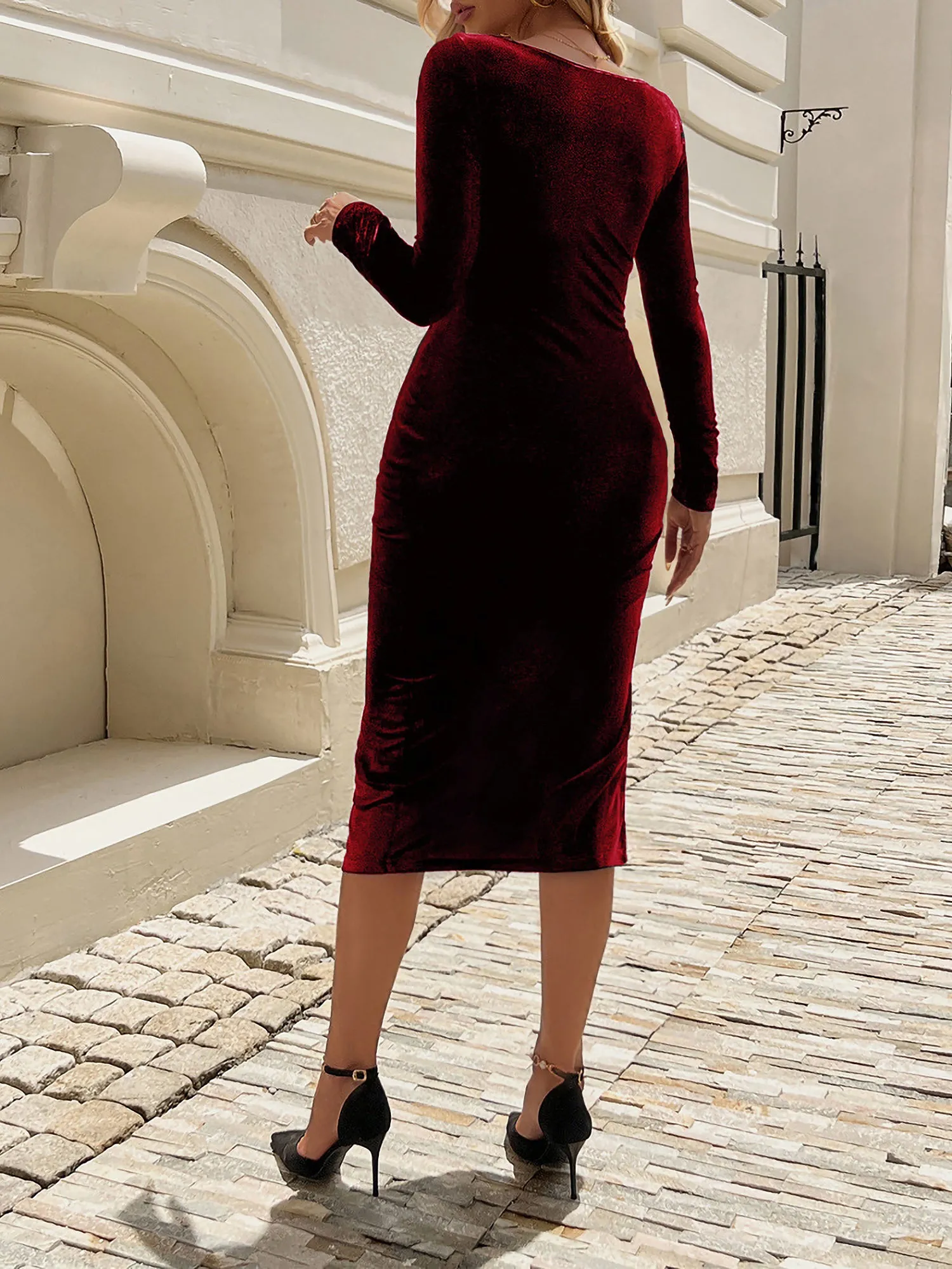 Velvet Square Neck Long Sleeves Slit Bodycon Midi Dress sold by Allegra K product image thumbnail 4