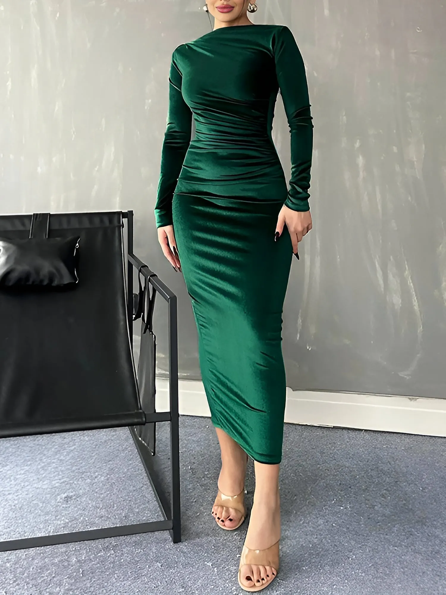 Velvet Ruched Long Sleeves Bodycon Maxi Dress sold by Allegra K product image thumbnail 2