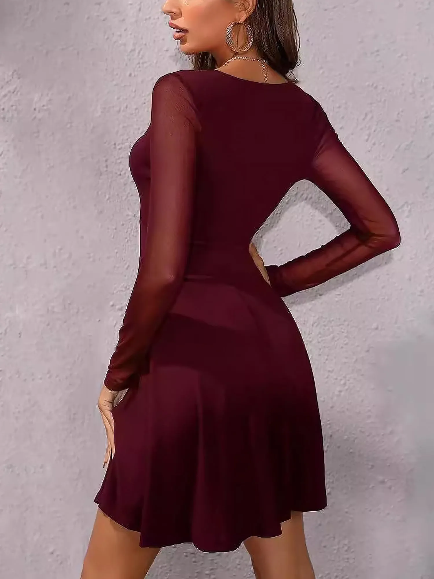 Solid Color Mesh Sheer Long Sleeve A-Line Mini Dress sold by Allegra K product image thumbnail 4