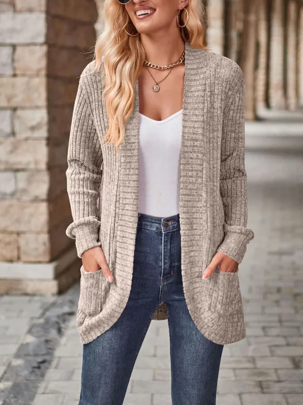 Solid Color Ribbed Knit Long Sleeves Pocketed Cardigan sold by Allegra K