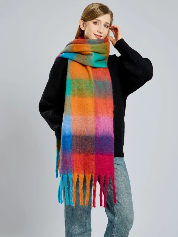 Colorful Plaid Tassel Long Warm Winter Scarf sold by Allegra K