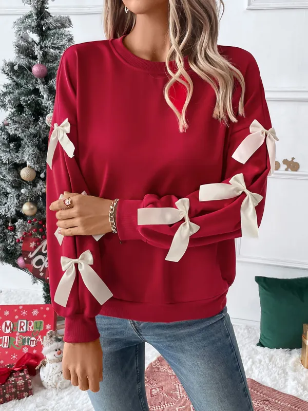 Christmas Bow Decor Colorblock Long Sleeves Sweatshirt sold by Allegra K