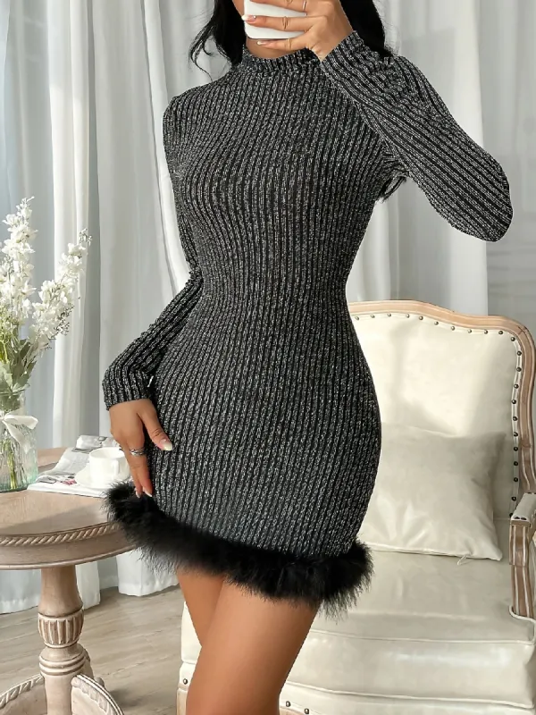 Faux Fur Patchwork Mock Neck Bodycon Mini Sweater Dress sold by Allegra K