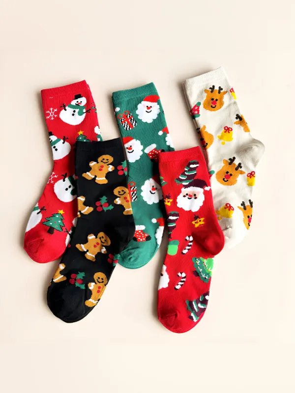 5 Pairs Santa Claus Elk Snowman Gingerbread Middle Tube Christmas Socks sold by Allegra K