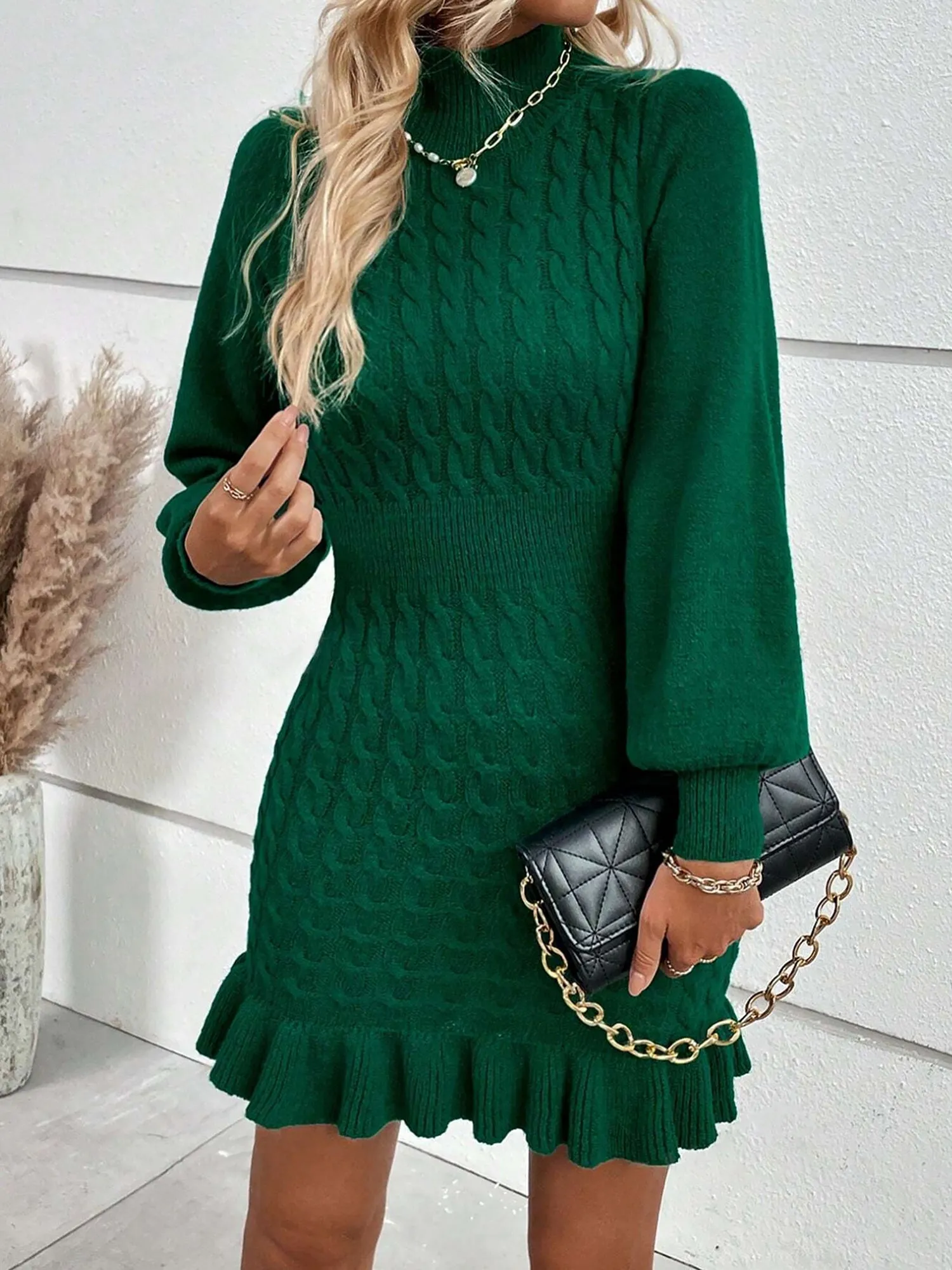 Twist Knit Mock Neck Ruffled Mini Bodycon Sweater Dress sold by Allegra K product image thumbnail 4