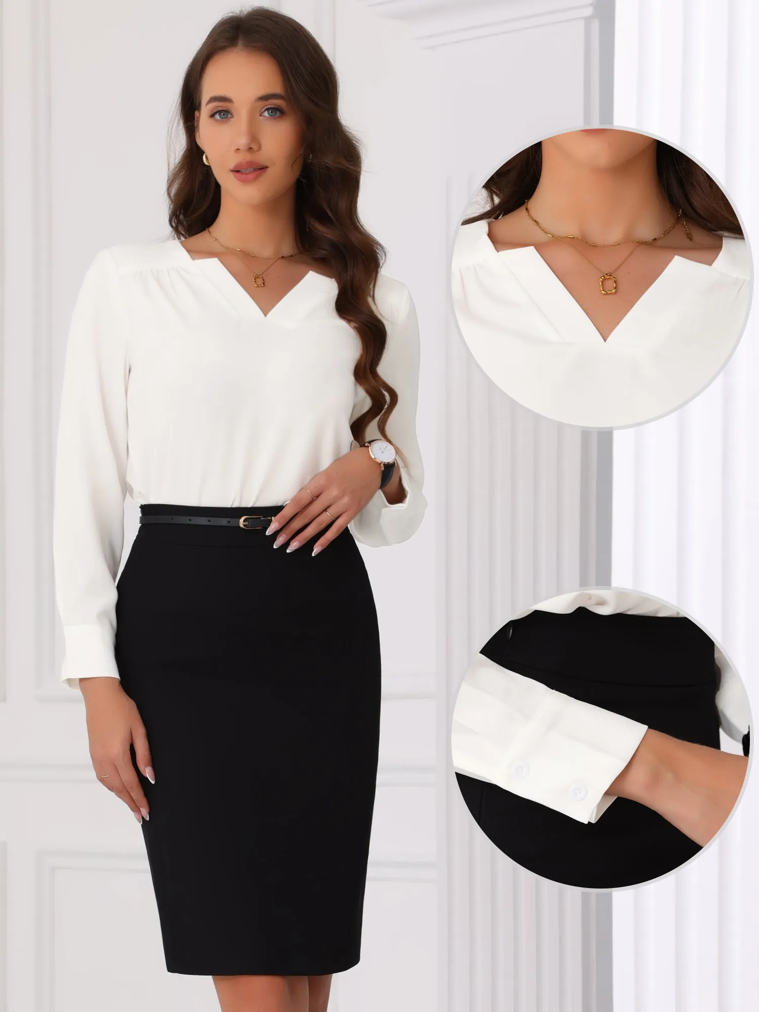 V Neck Dressy Casual Long Sleeve Work Blouse sold by Allegra K