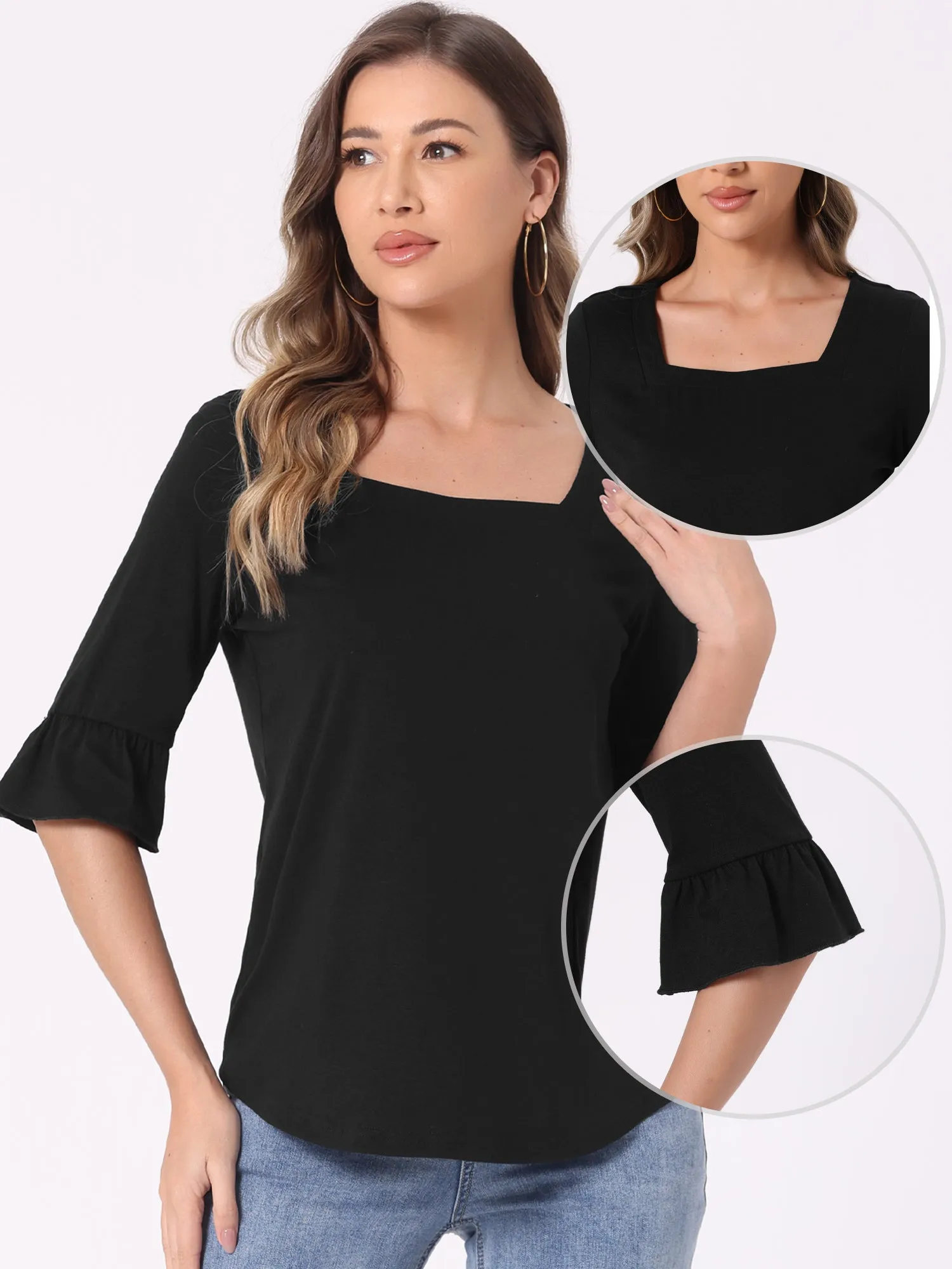 3/4 Bell Sleeve Casual Square Neck Blouse sold by Allegra K product image thumbnail 2