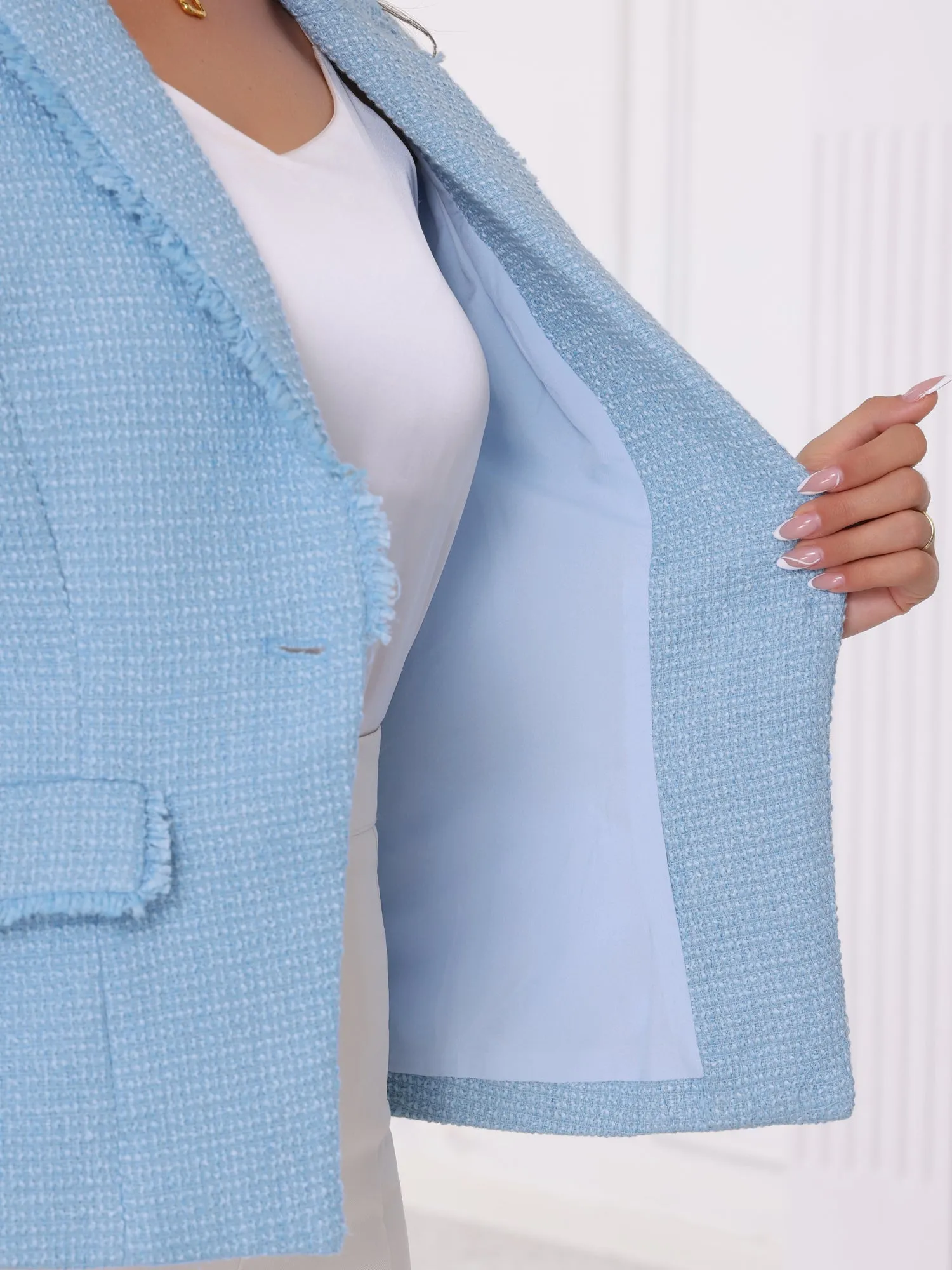 Tweed Notched Lapel One Button Cropped Blazer sold by Allegra K product image thumbnail 4