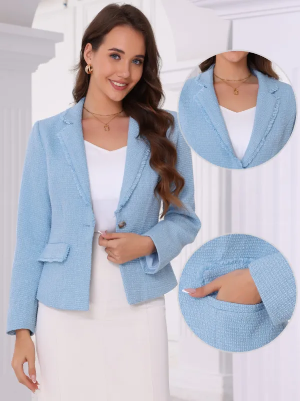 Tweed Notched Lapel One Button Cropped Blazer sold by Allegra K