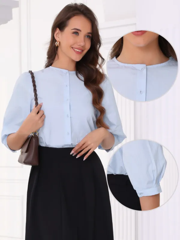Button Down Cotton Puff Sleeve Crew Neck Blouse sold by Allegra K