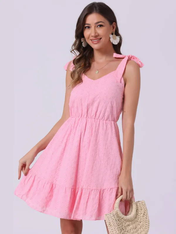 Sleeveless Eyelet Strap Mini Cami Sundress Beach Dress sold by Allegra K